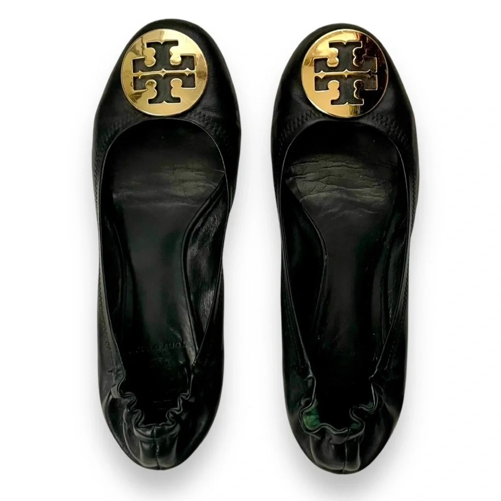Tory Burch Reva Black Leather Ballet Flats Gold Logo Size 7.5